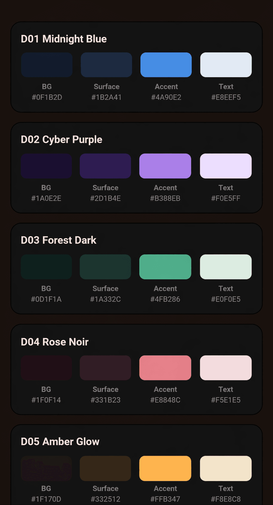 NavigateMoto theme picker showing dark colour palettes: Midnight Blue, Cyber Purple, Forest Dark, Rose Noir