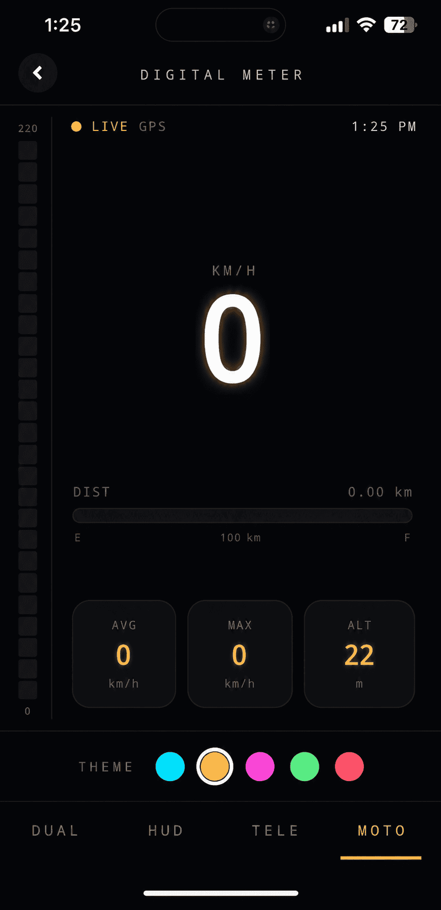 NavigateMoto digital meter, Moto view: a vertical speed bar and trip-distance progress with average, max, and altitude readouts