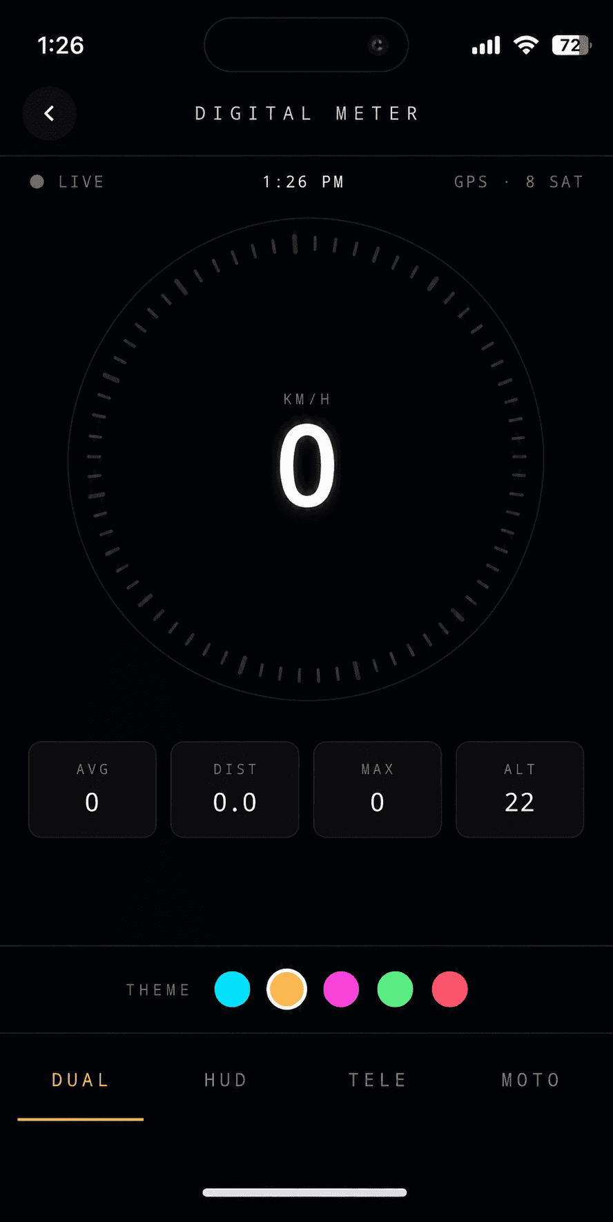 NavigateMoto digital meter, Dual view: a live speedometer dial in km/h with average, distance, max speed, and altitude readouts below