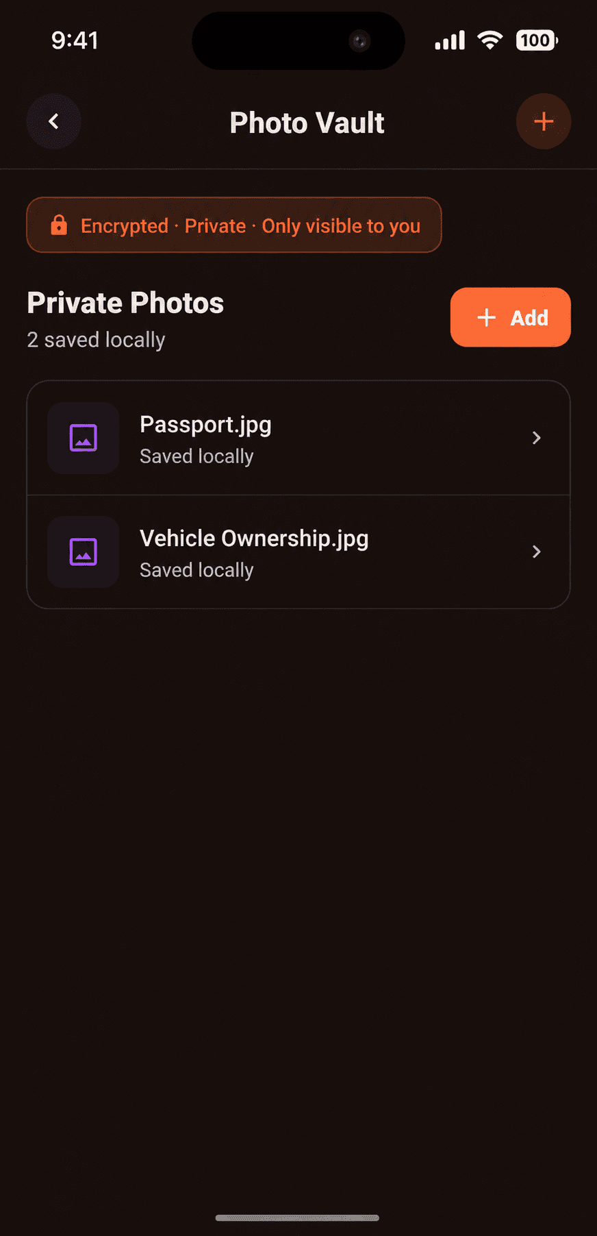 NavigateMoto Photo Vault holding encrypted, private copies of a passport and vehicle-ownership document saved locally on the device